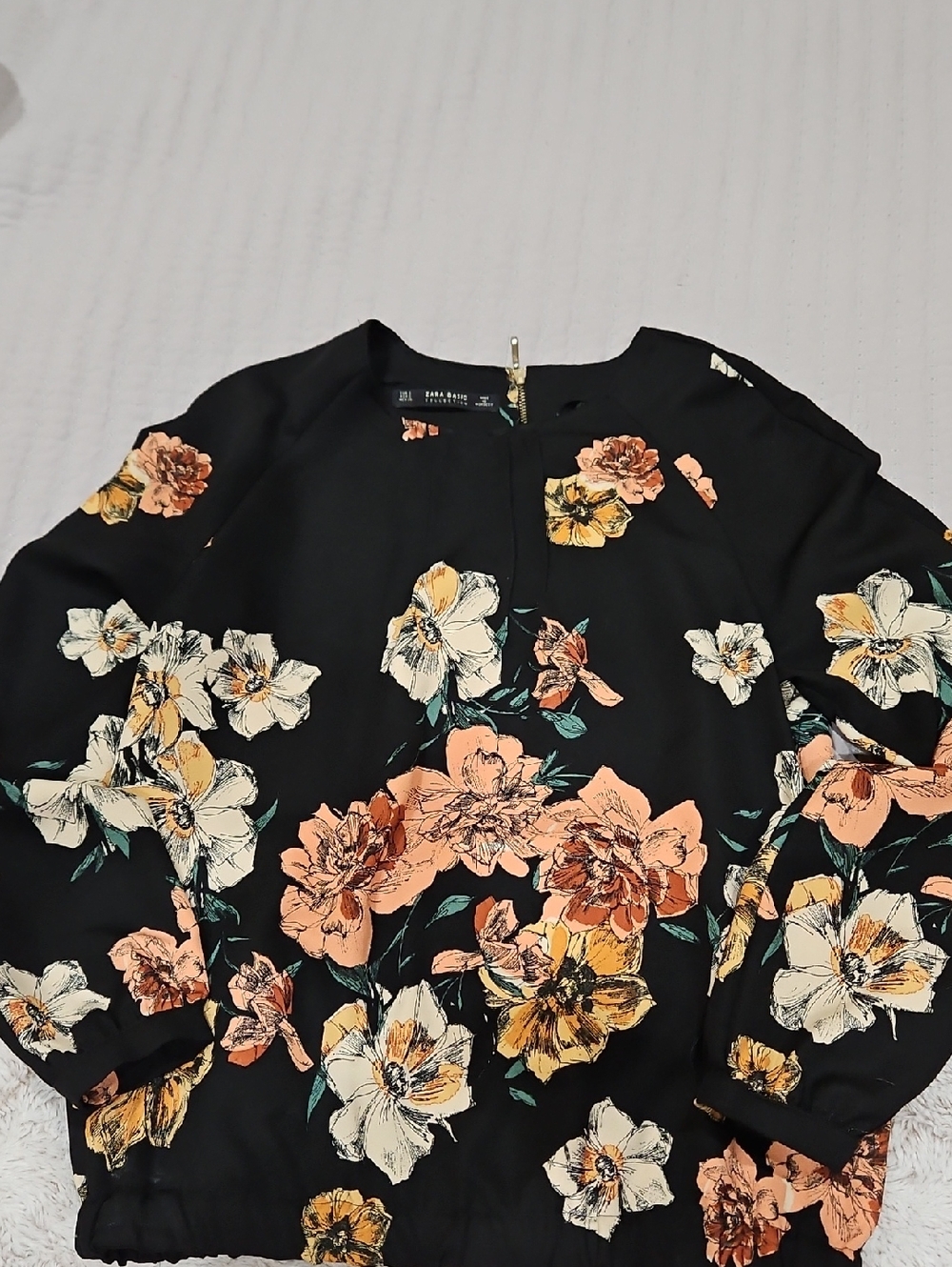 Zara Black Blouse with Peach, Cream & Yellow Floral Print